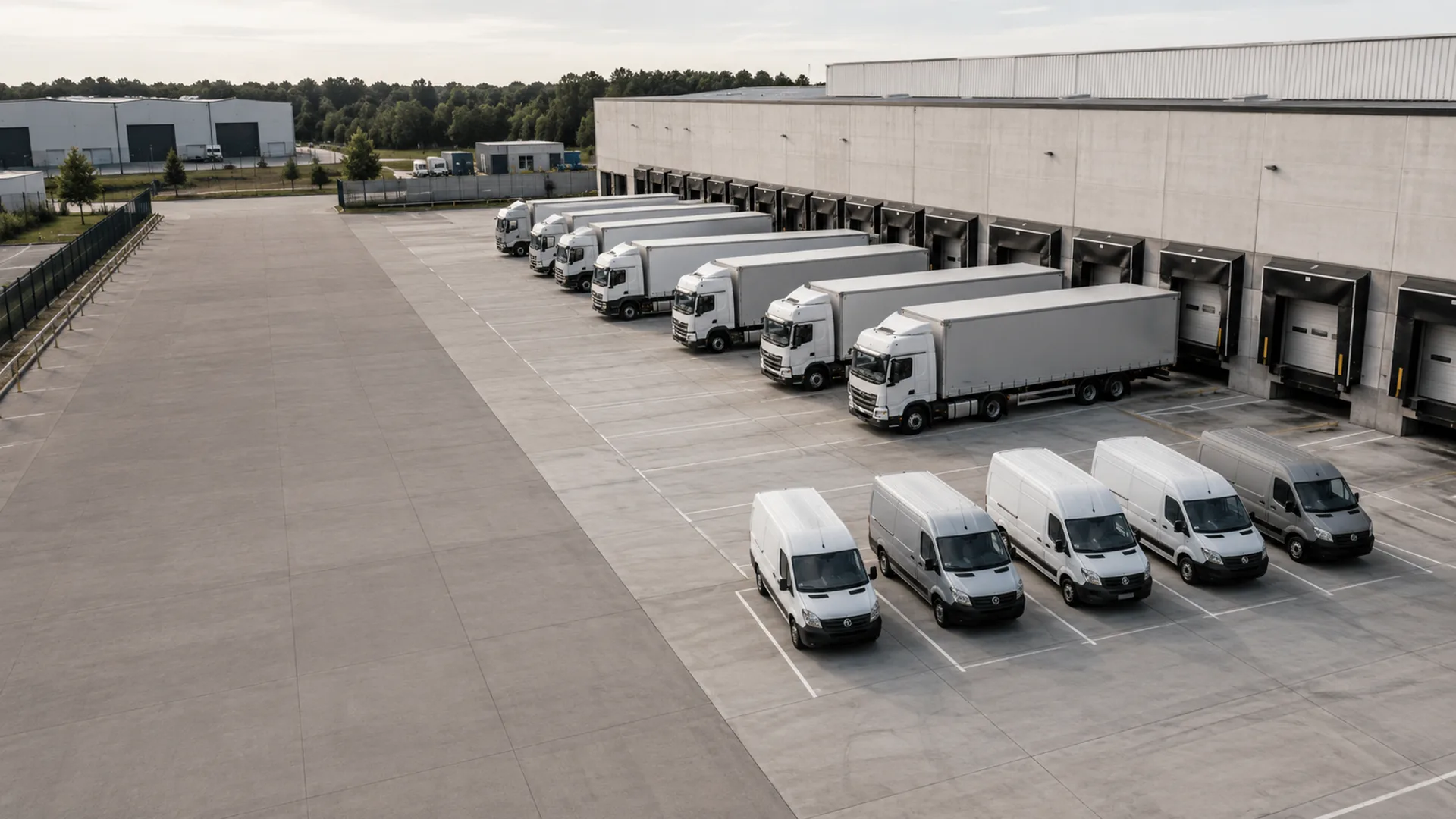 KI-generiertes Symbolbild: Eine erhöhte Ansicht eines neutralen Logistikstandorts mit abgestellten Transportfahrzeugen.